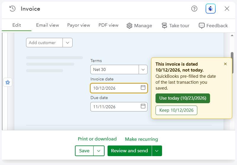 EntryCatch outlining a pre-filled invoice date of 10/12/2026 with buttons to use today's date or keep the date