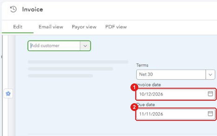 A new QuickBooks Online invoice with the invoice date pre-filled as 10/12/2026 and the due date as 11/11/2026